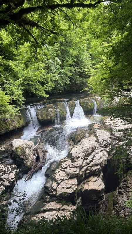 Kaskadenwasserfall im grünen Wald in Georgien